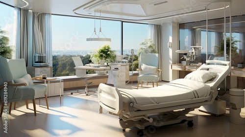 Luxury hospital room with nature view.Hospital room with beds in a modern hospital.