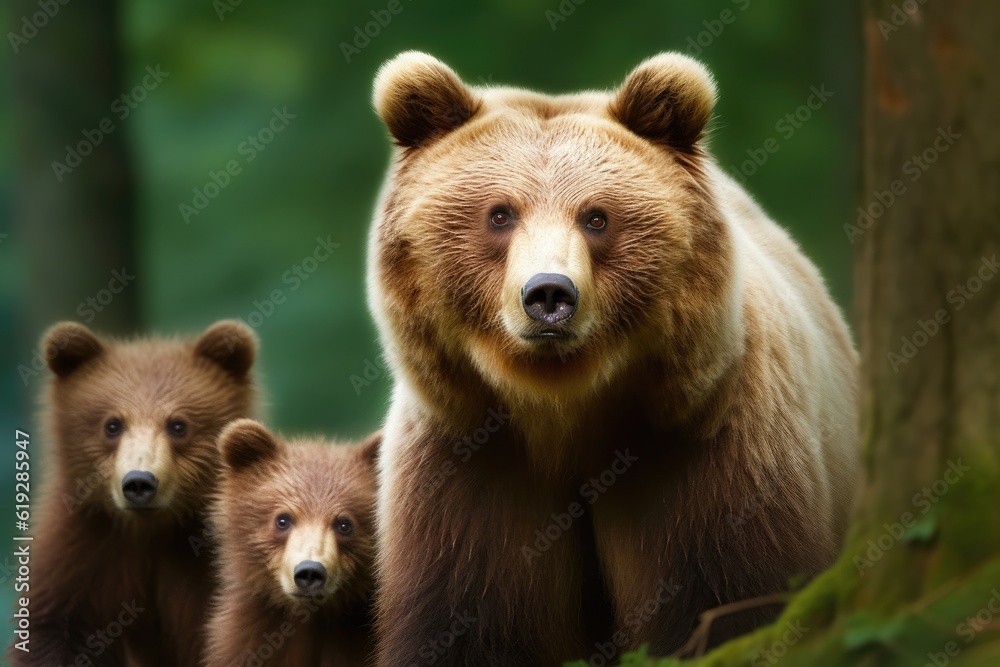 mother brown bear with her two cubs in a lush forest mother brown bear with her two cubs in a lush forest