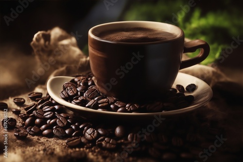 Coffee cup and brown coffee beans