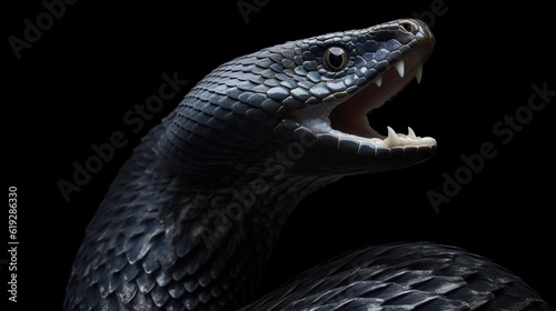 close up of a black and white snake