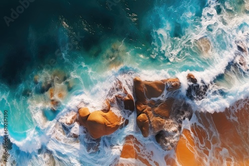 Overhead photo of crashing waves on the shoreline. Tropical beach surf. Abstract aerial ocean view. Generative AI technology.