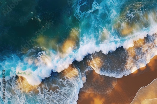 Overhead photo of crashing waves on the shoreline. Tropical beach surf. Abstract aerial ocean view. Generative AI technology.