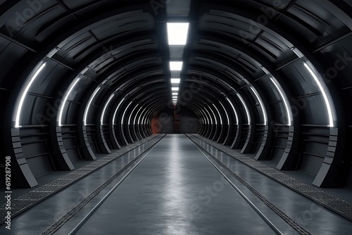 Dark Futuristic Modern Garage Showroom Tunnel Corridor. Entrance 3D Render.