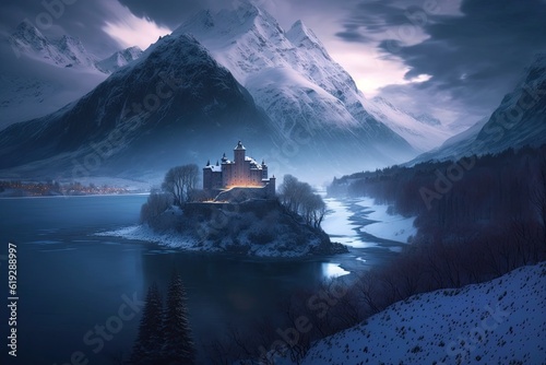 majestic castle situated on an island in a breathtaking mountainous lake view. Generative AI © 2rogan