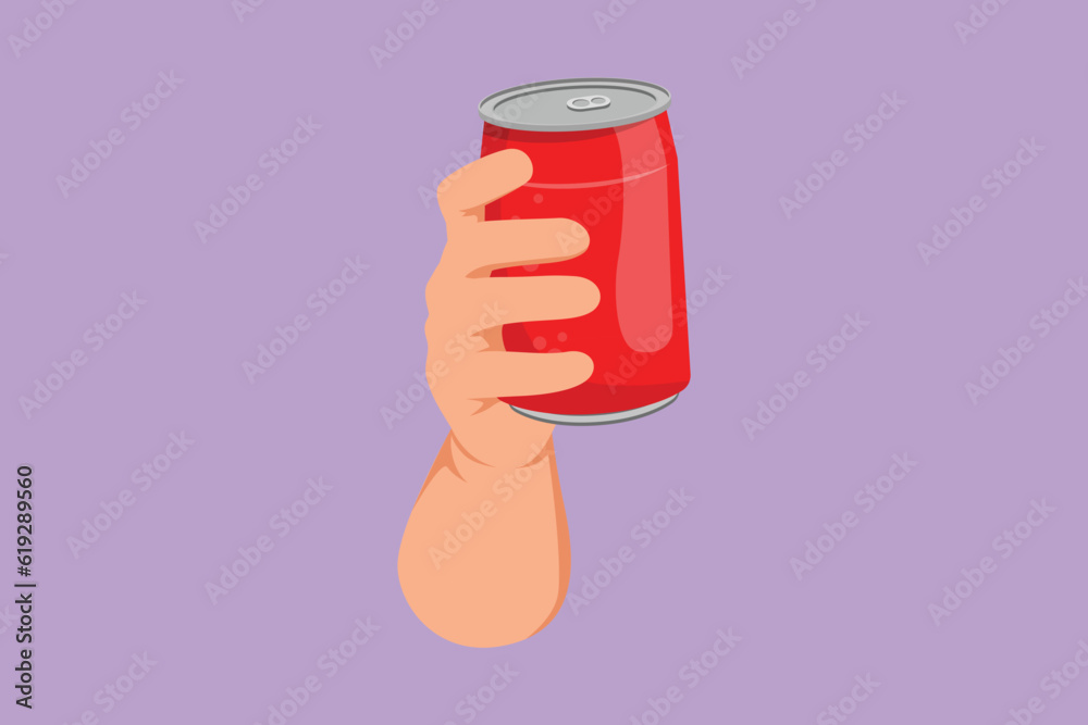 Graphic flat design drawing human hand holding a aluminum can drink without labels. Beverages in metal containers logo, icon, symbol. Refreshing drink for teenager. Cartoon style vector illustration Graphic flat design drawing human hand holding a aluminum can drink without labels. Beverages in metal containers logo, icon, symbol. Refreshing drink for teenager. Cartoon style vector illustration
