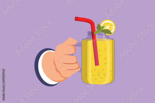 Character flat drawing stylized human hand hold refreshing detox lemonade drink with sliced lime, lemon, mint. Summer healthy fruit drink. Healthy lemon drink mug. Cartoon design vector illustration