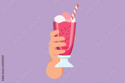 Character flat drawing of stylized human hand holds glass milkshake with whipped cream. Cold soft drink for summer. Sweet frozen beverage. Tasty and yummy fast food. Cartoon design vector illustration