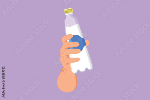 Cartoon flat style drawing people hand holding plastic bottle of pure drinking water refreshing. Human drinking water after run, sport and health care concept icon. Graphic design vector illustration