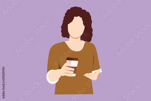 Character flat drawing beautiful young woman holding and showing paper cup of hot coffee on street city. Enjoys leisure time at office, dressed in stylish clothes. Cartoon design vector illustration