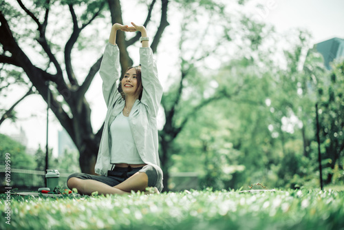 Young adult female discover serenity of rejuvenating mind-body practice. Unlock soul, vitality through relaxing stretches. Balance holistic wellbeing, embrace transformative power of slow movement.