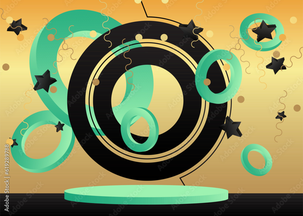 Fototapeta premium Abstract black, turquoise and gold mockup product display. Minimal geometric forms stage showcase. Vector cylinder pedestal podium for presentation.