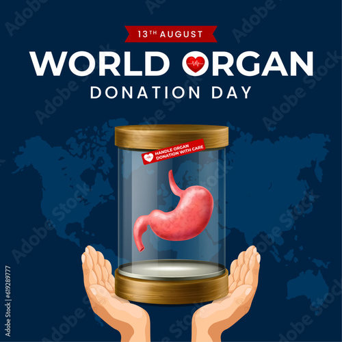 World organ donation day with stomach for transplantation, saving lives, social network post, artwork, print, doodle, vector illustration (Vector)