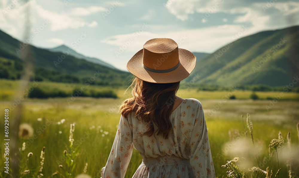 a woman with a backpack and hat on a field, in the style of calming, animated gifs, harmony with nature