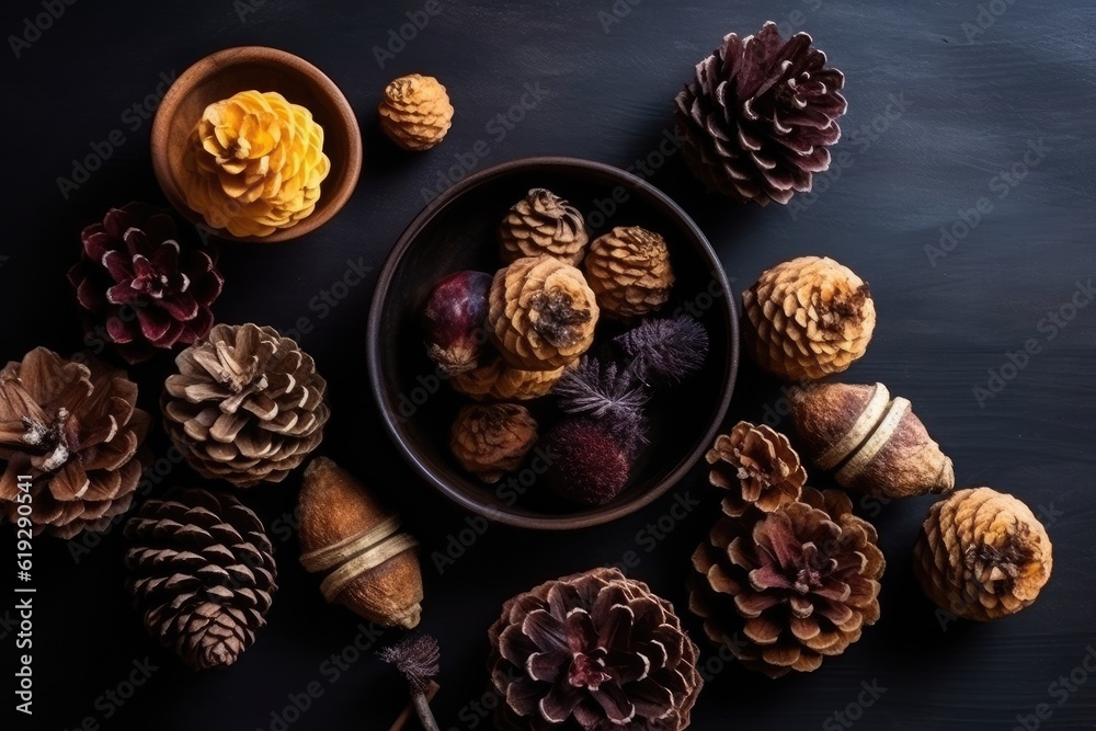 variety of pine cones collected in a bowl. Generative AI