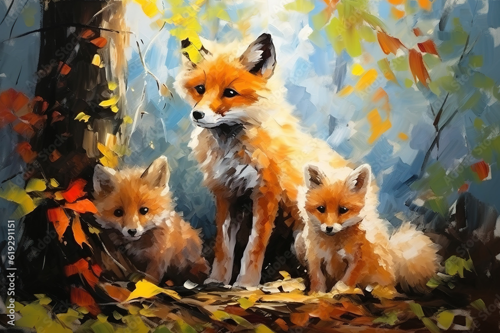 Beautiful painting of a family of foxs resting under the trees in the forest. Wildlife Animals. Illustration, Generative AI. Beautiful painting of a family of foxs resting under the trees in the forest. Wildlife Animals. Illustration, Generative AI.