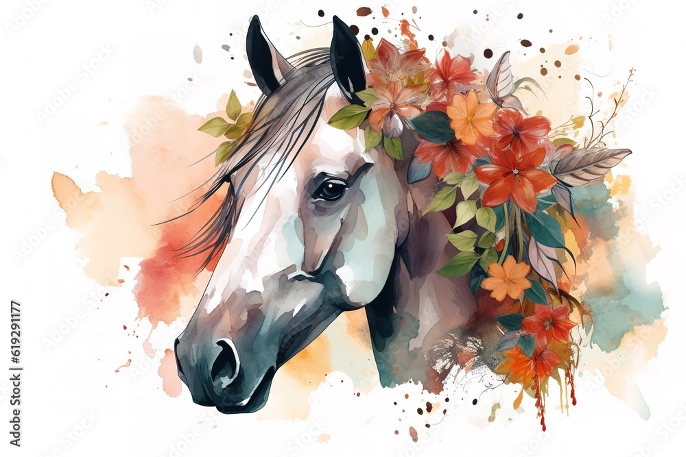 Fototapeta Image of a horse head surrounded by colorful tropical flowers. Wildlife Animals. Illustration, Generative AI.
