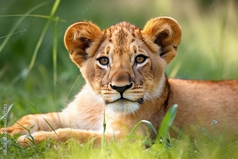 Little lion cub resting on green pasture grass on summer. Wildlife Animals. Illustration. Generative AI.