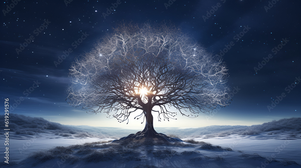 A tree at night in the winter season. neuron tree  art style