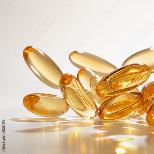 yellow fish oil capsules, omega 3, on white background