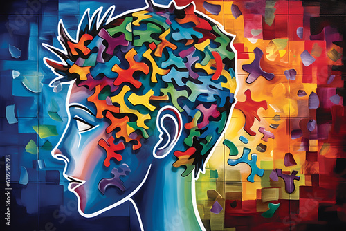 puzzle pieces in a child's head. the connection between dyslexia and the written word, showcasing the challenges and unique perspectives experienced by individuals with dyslexia. photo