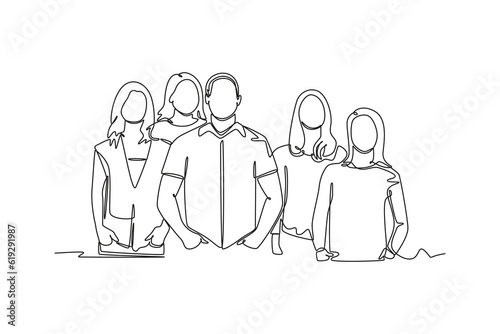 Continuous one line drawing concept of a crowd of happy people outdoors. Single line draw design vector graphic illustration.