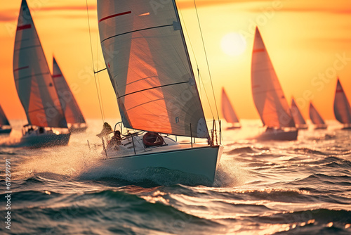Group of sailboats in the sea sailing under a beautiful sunset