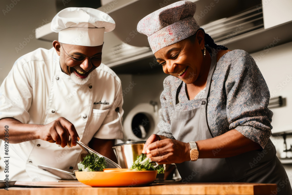 Digital portrait of a laughing retired couple cooking together in the modern kitchen. Concept of active age. Generative AI Digital portrait of a laughing retired couple cooking together in the modern kitchen. Concept of active age. Generative AI