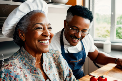 Digital portrait of a laughing retired couple cooking together in the modern kitchen. Concept of active age. Generative AI