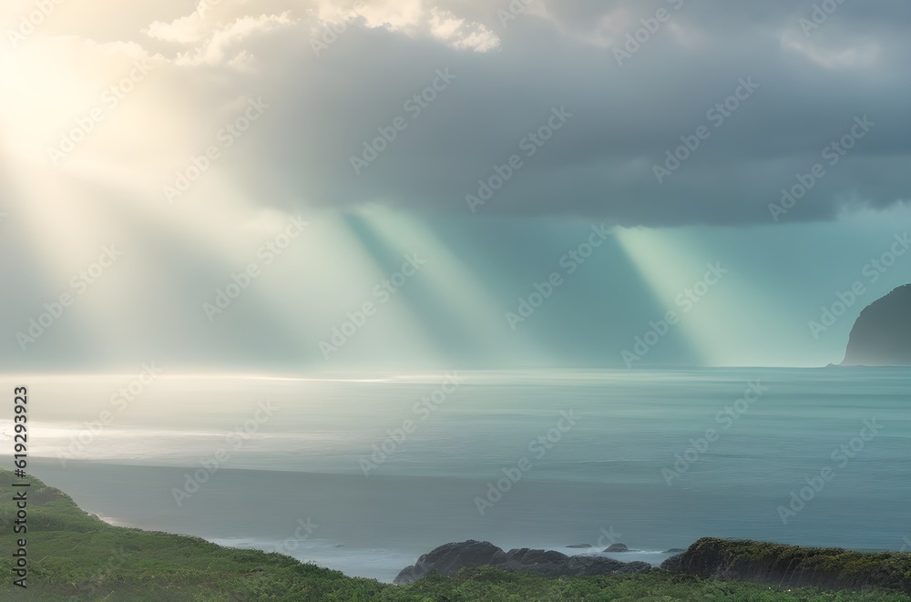 Misty Coastal View: Muted Seafoam Green Sky with Sun's Rays