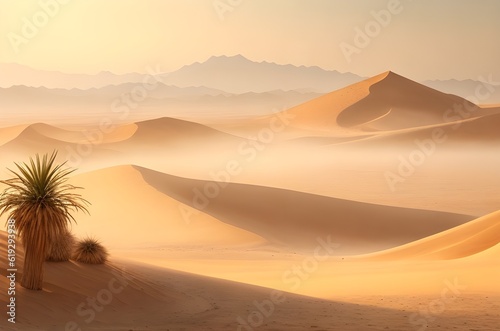 Tranquil Desert View: Sandy Beige Backdrop with Dancing Sunlit Mist