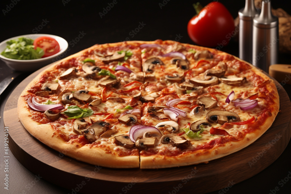 a freshly baked, golden - brown pizza. The pizza is creatively crafted with pepperoni, olives, and cheese meticulously arranged,Ai Generated.
