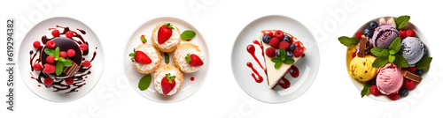 Set of top view tasty delicious desserts meal food in plate, Chocolate cake with raspberry, Strawberry shortcake pies, cheesecake with berries sauce, ice cream scoops fruit bowl, ai generate