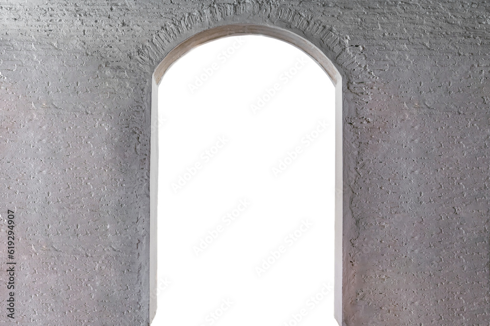 Open semicircular door in white brick wall Open semicircular door in white brick wall
