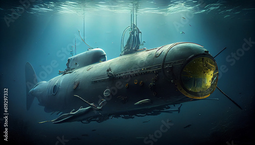 Naval submarine submerge deep underwater. Ai generated image