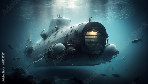 Naval submarine submerge deep underwater. Ai generated image