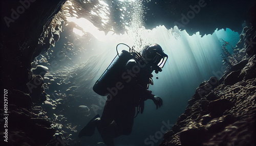 Scuba deep sea diver swimming in a deep ocean Ai generated image