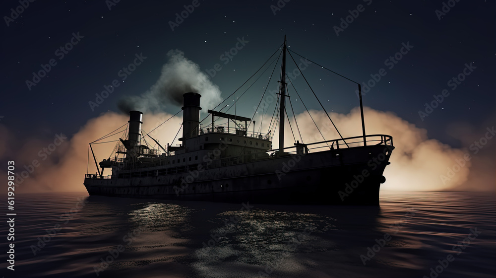 Ocean boat, fishing boat, night time, silhouette Ocean boat, fishing boat, night time, silhouette