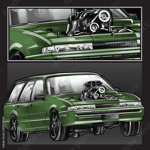 green drag race illustration isolated in black background for poster, t-shirt, graphic design, business element, and card