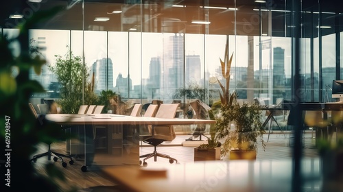 modern-day office with large windows and defocused city at the background  best for background concepts and ideas for business presentation background  wallpaper and backdrop
