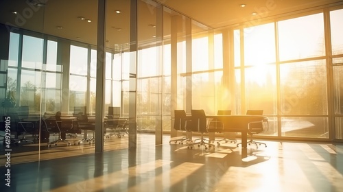 early morning sunlight coming from large window in the empty office space, best for background concepts and ideas for business presentation background, wallpaper and backdrop 