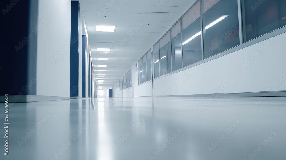 Low level shot of Long empty modern office corridor with bright white light and large windows, best for background concepts and ideas for business presentation background, wallpaper and backdrop 