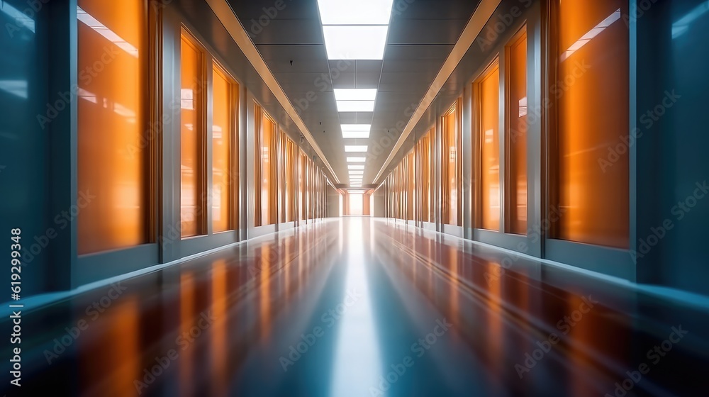 Very Long empty modern office corridor with bright white light and large windows, best for background concepts and ideas for business presentation background, wallpaper and backdrop 