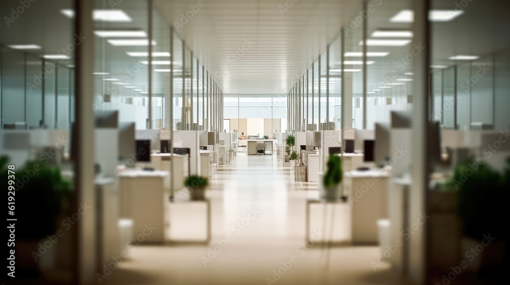Open concept office setup with beautiful long office corridor with and defocused room background concepts and ideas for business presentation background, wallpaper and backdrop ideas for corporate and