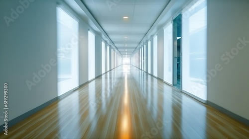 Modern empty office corridor with bright white light and large windows, best for background concepts and ideas for business presentation background, wallpaper and backdrop 