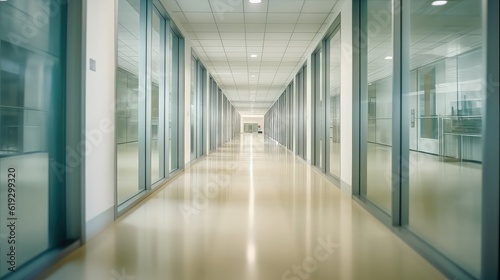 Empty Quite Long empty modern office corridor with bright white light and large windows, best for background concepts and ideas for business presentation background, wallpaper and backdrop 