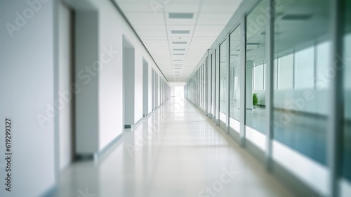 Bright Long empty modern office corridor with bright white light and large windows, best for background concepts and ideas for business presentation background, wallpaper and backdrop 