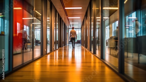Man Walking on Long empty modern office corridor with bright white light and large windows, best for background concepts and ideas for business presentation background, wallpaper and backdrop  photo