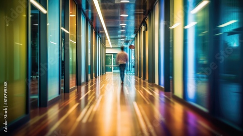 Man walking on the long office corridor, beautiful long office corridor with and defocused room background concepts and ideas for business presentation background, wallpaper and backdrop ideas for cor