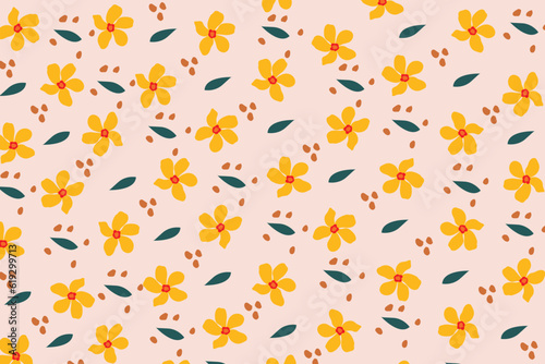 Seamless pattern of abstract and cute flowers with leaves