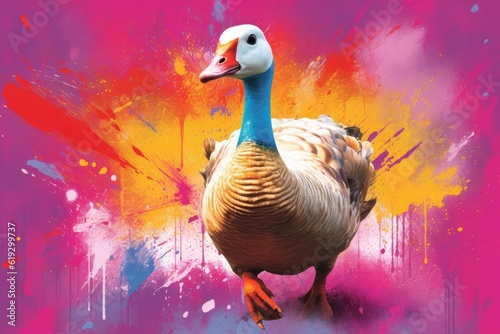 goose form and spirit through an abstract lens. dynamic and expressive goose print by using bold brushstrokes, splatters, and drips of paint. goose untamed energy cute goose poster